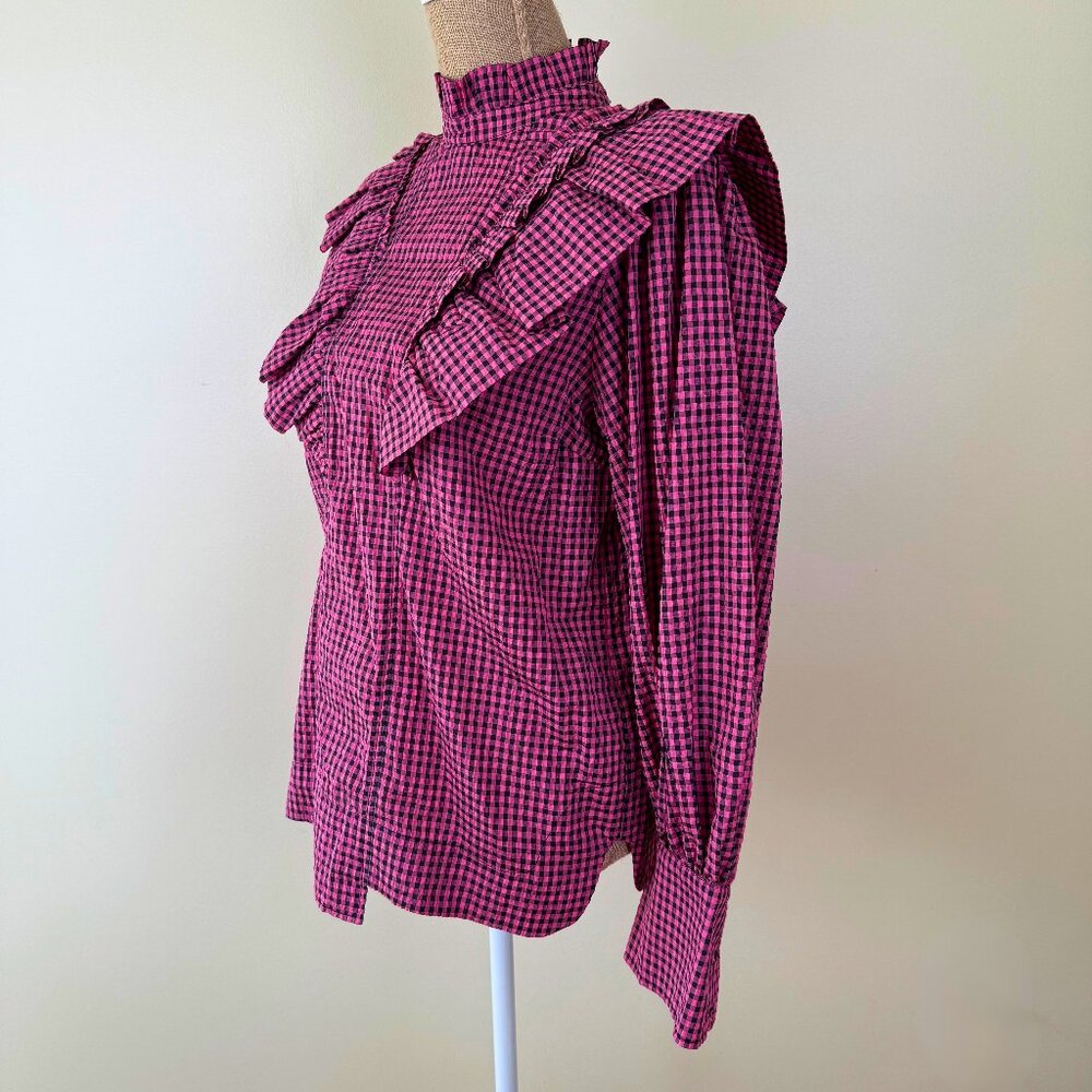 Ganni Pink & Black Gingham Ruffle Blouse NWT Size 38